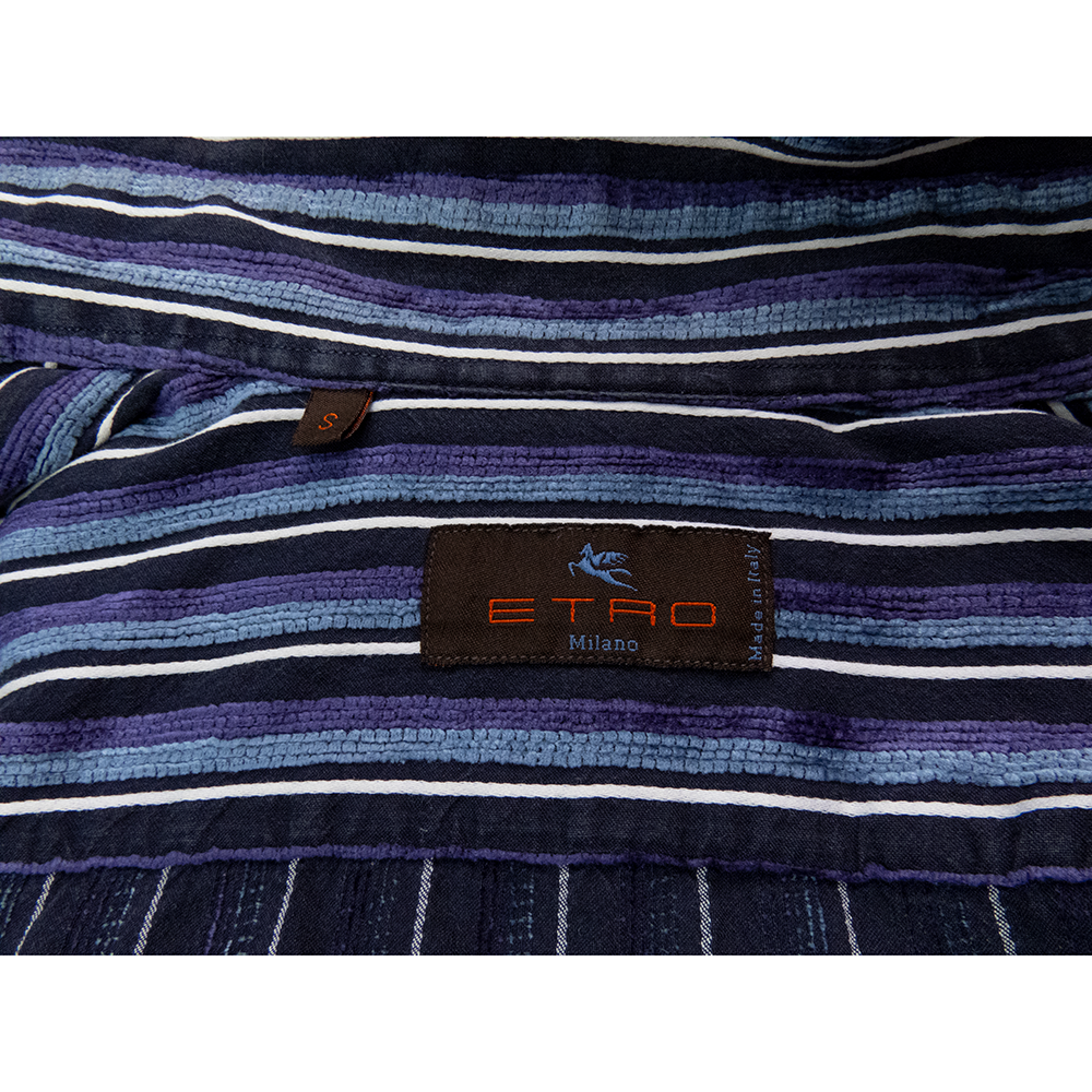 義大利精品ETRO深藍紫色燈芯絨條紋長袖襯衫 高級面料 S號 義大利製-細節圖5