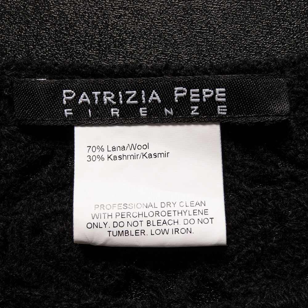義大利精品Patrizia Pepe黑色喀什米爾羊毛鏤空勾花流蘇針織披肩 義大利製-細節圖7