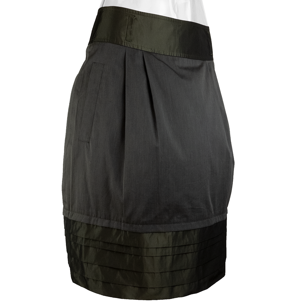 義大利時尚精品Max Mara副牌Weekend黑橄欖色拼接抓褶蛋糕及膝裙 8號-細節圖2