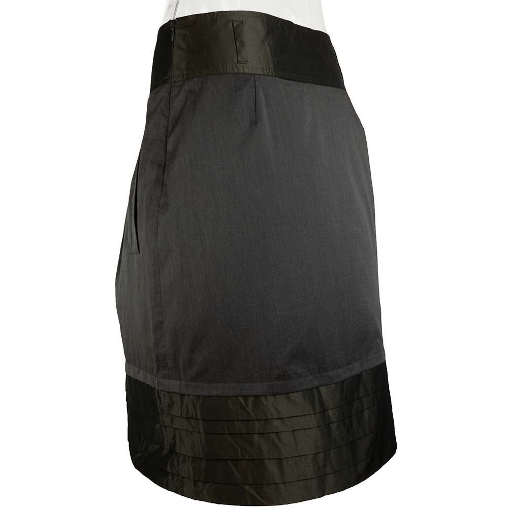 義大利時尚精品Max Mara副牌Weekend黑橄欖色拼接抓褶蛋糕及膝裙 8號-細節圖3