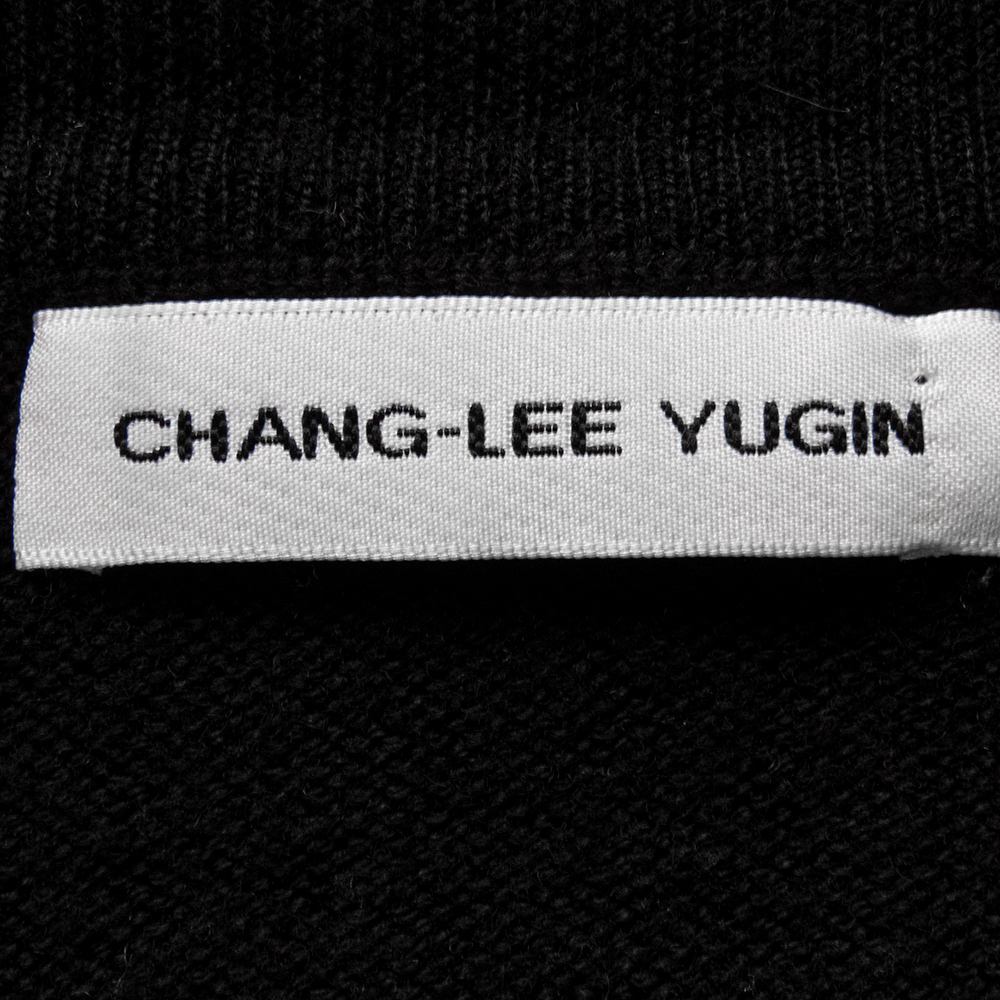 設計師品牌CHANG-LEE YUGIN竇騰璜黑色純美麗諾羊毛荷葉挖袖五分袖長版針織衫-細節圖6