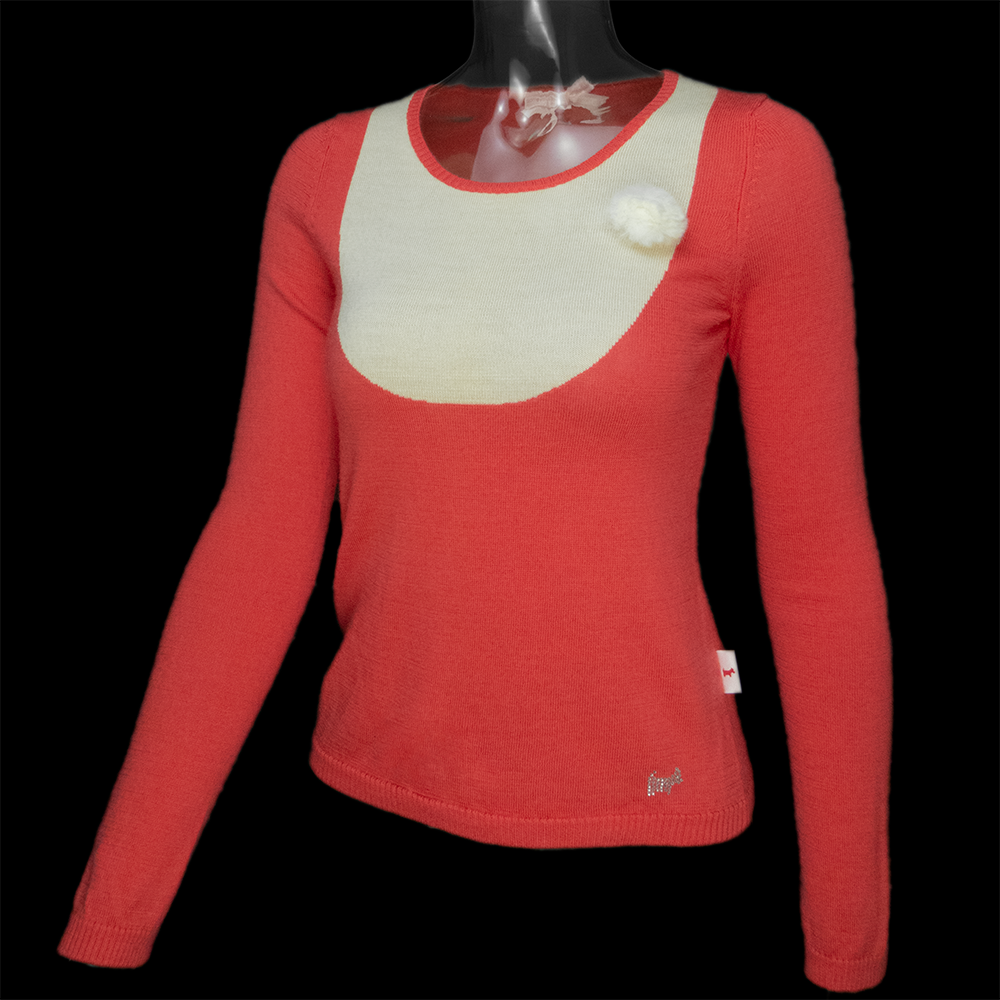 專櫃SCOTTISH HOUSE 小狗牌草莓色毛球貼布拼色純羊毛長袖針織衫-細節圖2