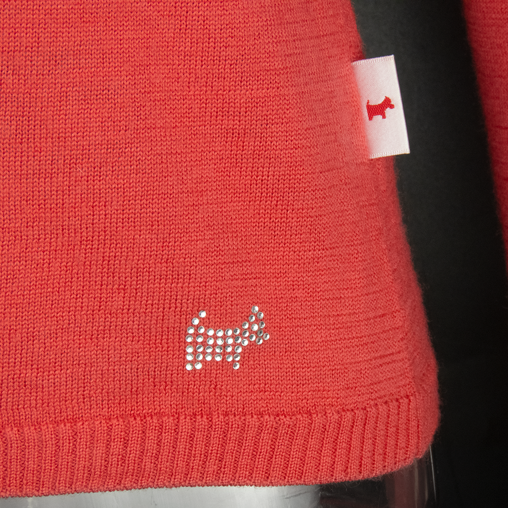 專櫃SCOTTISH HOUSE 小狗牌草莓色毛球貼布拼色純羊毛長袖針織衫-細節圖4