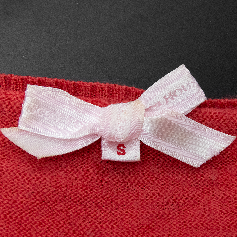 專櫃SCOTTISH HOUSE 小狗牌草莓色毛球貼布拼色純羊毛長袖針織衫-細節圖6