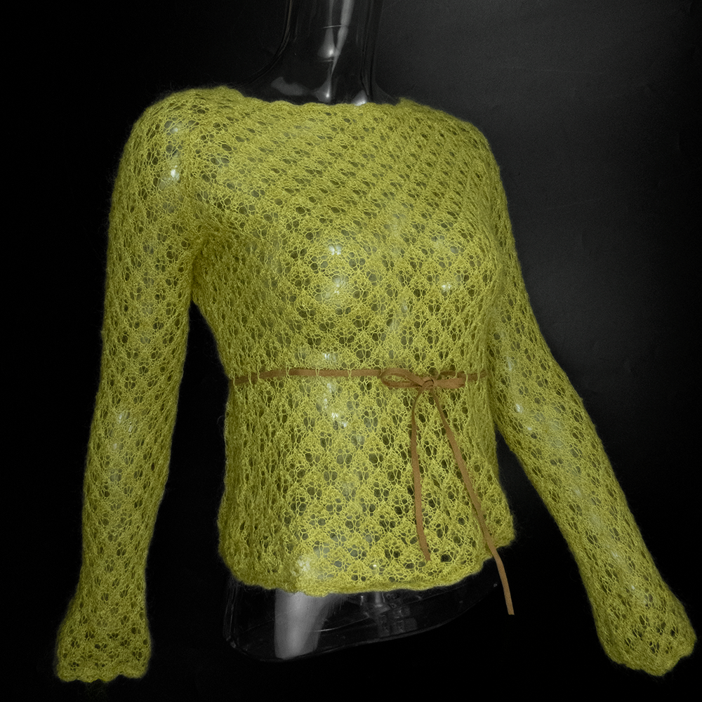 LOZERE芥末綠色馬海毛勾花繫帶長袖針織上衣 M號-細節圖2
