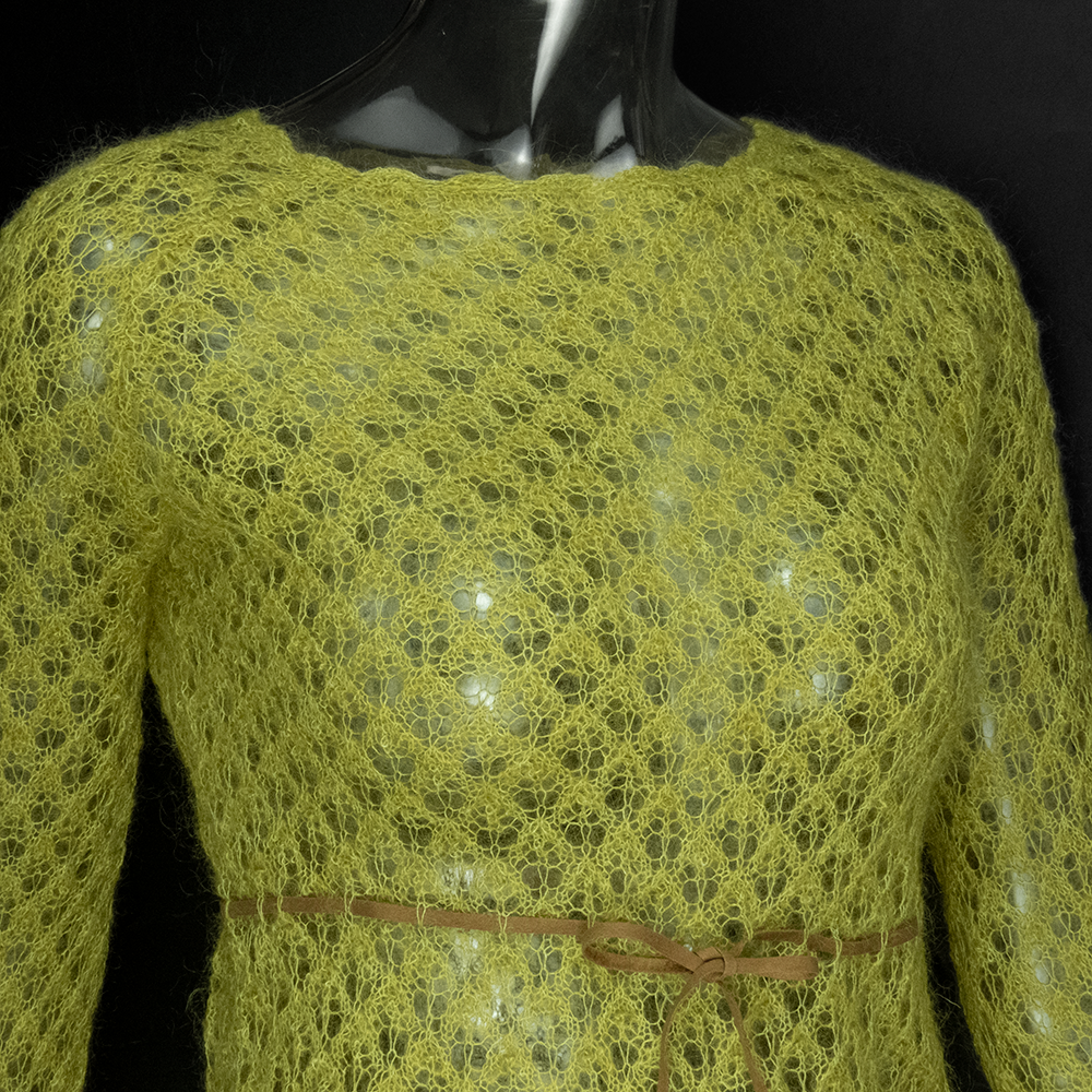 LOZERE芥末綠色馬海毛勾花繫帶長袖針織上衣 M號-細節圖3