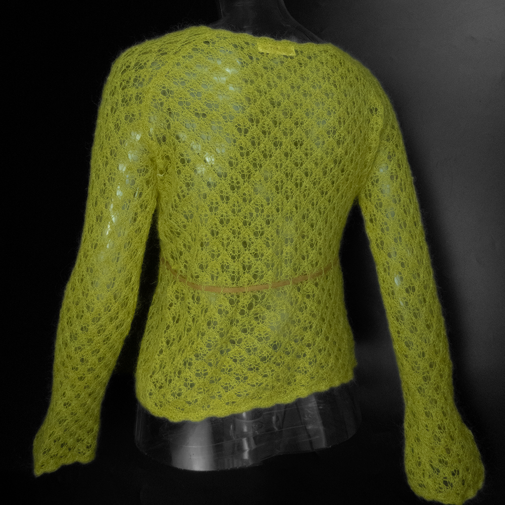 LOZERE芥末綠色馬海毛勾花繫帶長袖針織上衣 M號-細節圖5