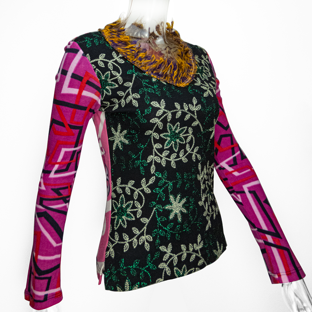 西班牙設計師品牌Custo Barcelona盤花刺繡幾何拼接毛線抽鬚長袖上衣-細節圖2