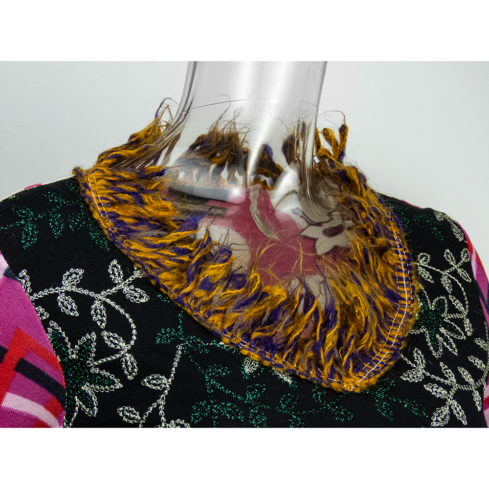 西班牙設計師品牌Custo Barcelona盤花刺繡幾何拼接毛線抽鬚長袖上衣-細節圖4