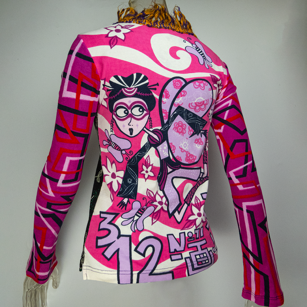 西班牙設計師品牌Custo Barcelona盤花刺繡幾何拼接毛線抽鬚長袖上衣-細節圖5