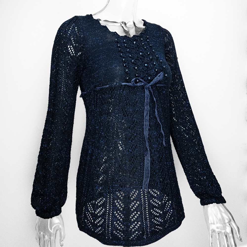 法國摩根Morgan深藍色金蔥勾花串珠繫帶蝴蝶結長袖針織衫-細節圖2