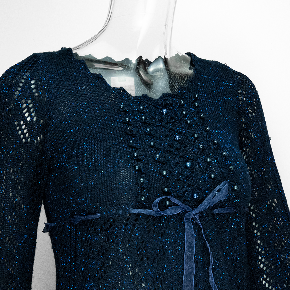 法國摩根Morgan深藍色金蔥勾花串珠繫帶蝴蝶結長袖針織衫-細節圖3