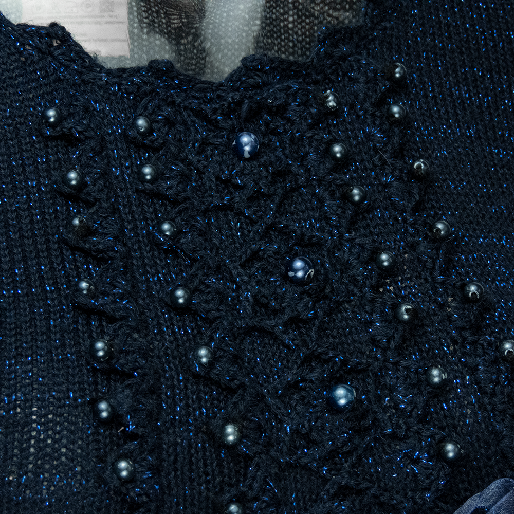 法國摩根Morgan深藍色金蔥勾花串珠繫帶蝴蝶結長袖針織衫-細節圖4