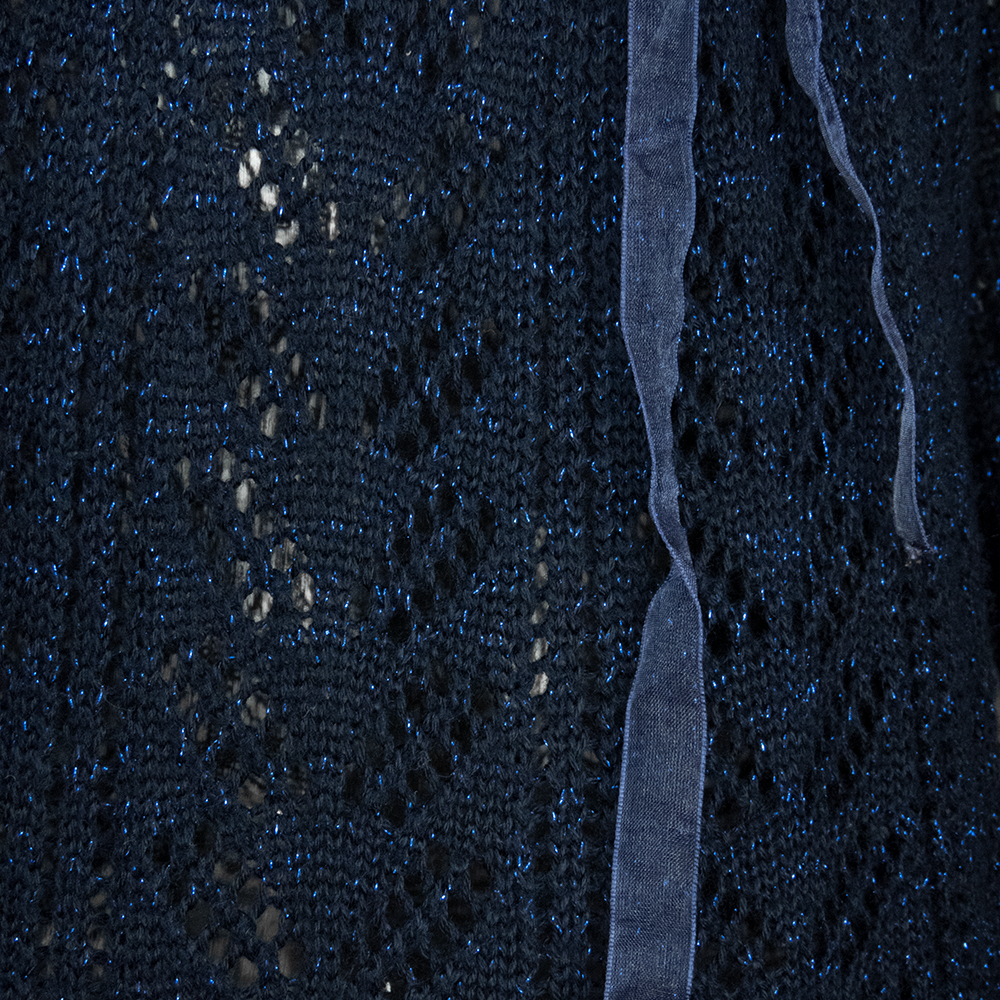 法國摩根Morgan深藍色金蔥勾花串珠繫帶蝴蝶結長袖針織衫-細節圖5