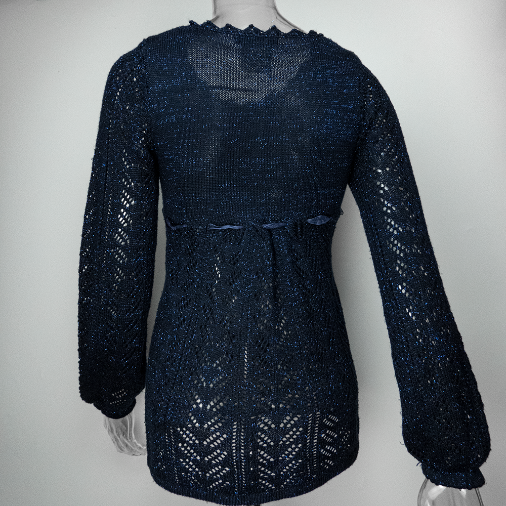 法國摩根Morgan深藍色金蔥勾花串珠繫帶蝴蝶結長袖針織衫-細節圖6