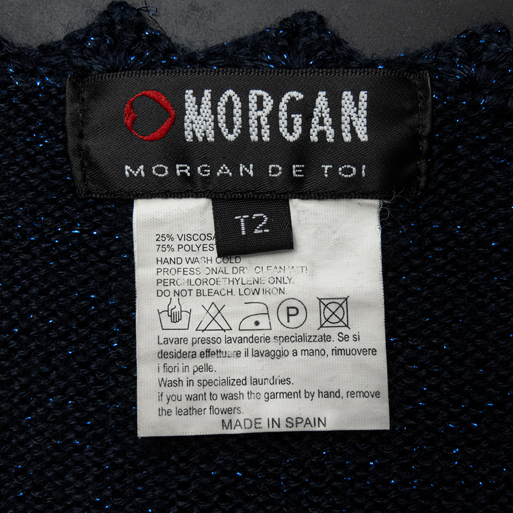 法國摩根Morgan深藍色金蔥勾花串珠繫帶蝴蝶結長袖針織衫-細節圖7