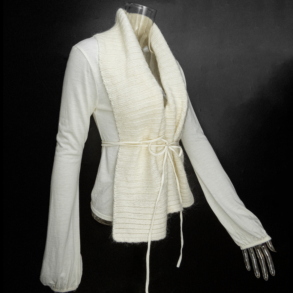 法國知名品牌KOOKAI米白色羊毛針織大翻領長袖綁帶外套 T1-細節圖2