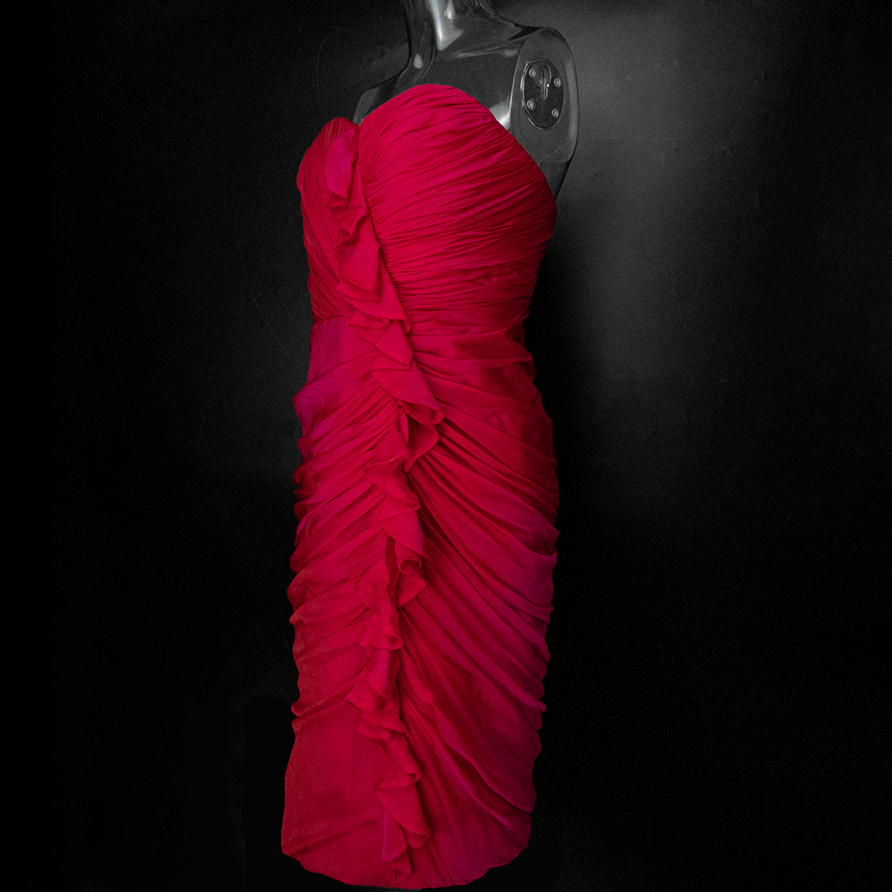美國設計師品牌Carmen Marc Valvo桃紅色純蠶絲抓褶露肩無袖洋裝 禮服-細節圖2