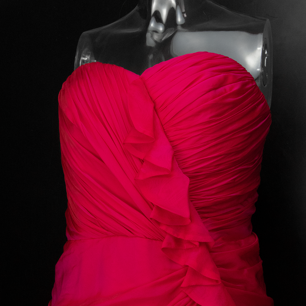 美國設計師品牌Carmen Marc Valvo桃紅色純蠶絲抓褶露肩無袖洋裝 禮服-細節圖3