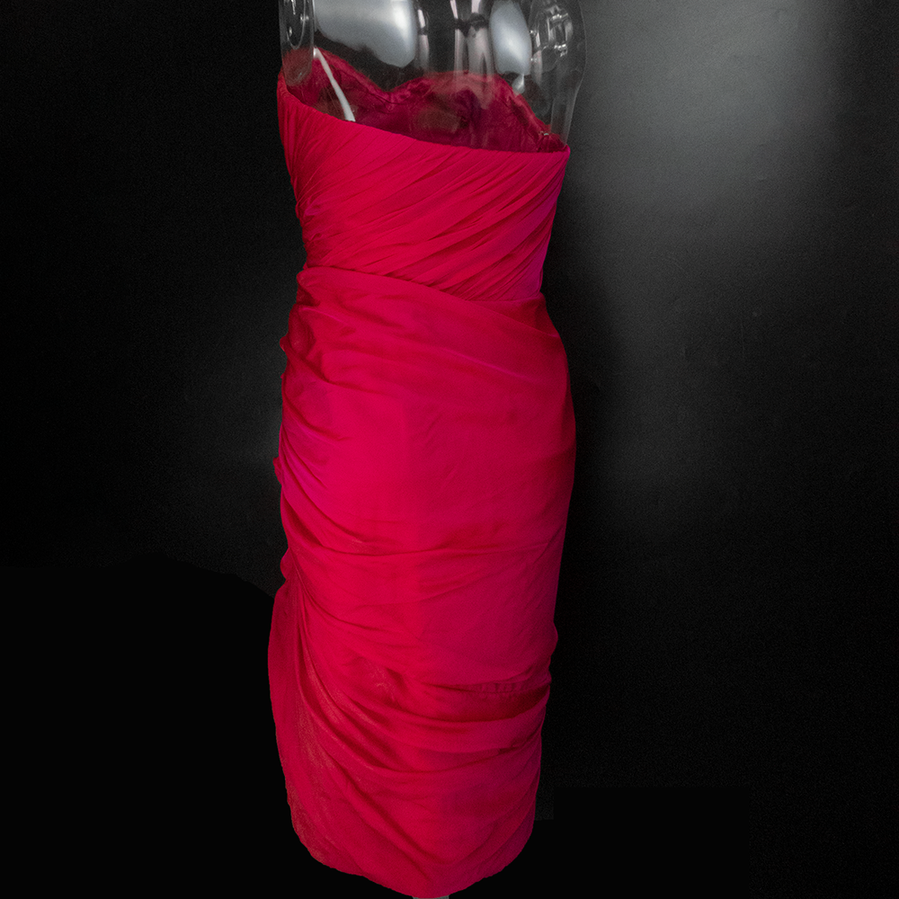 美國設計師品牌Carmen Marc Valvo桃紅色純蠶絲抓褶露肩無袖洋裝 禮服-細節圖4