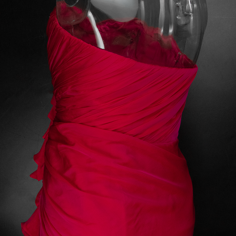 美國設計師品牌Carmen Marc Valvo桃紅色純蠶絲抓褶露肩無袖洋裝 禮服-細節圖5