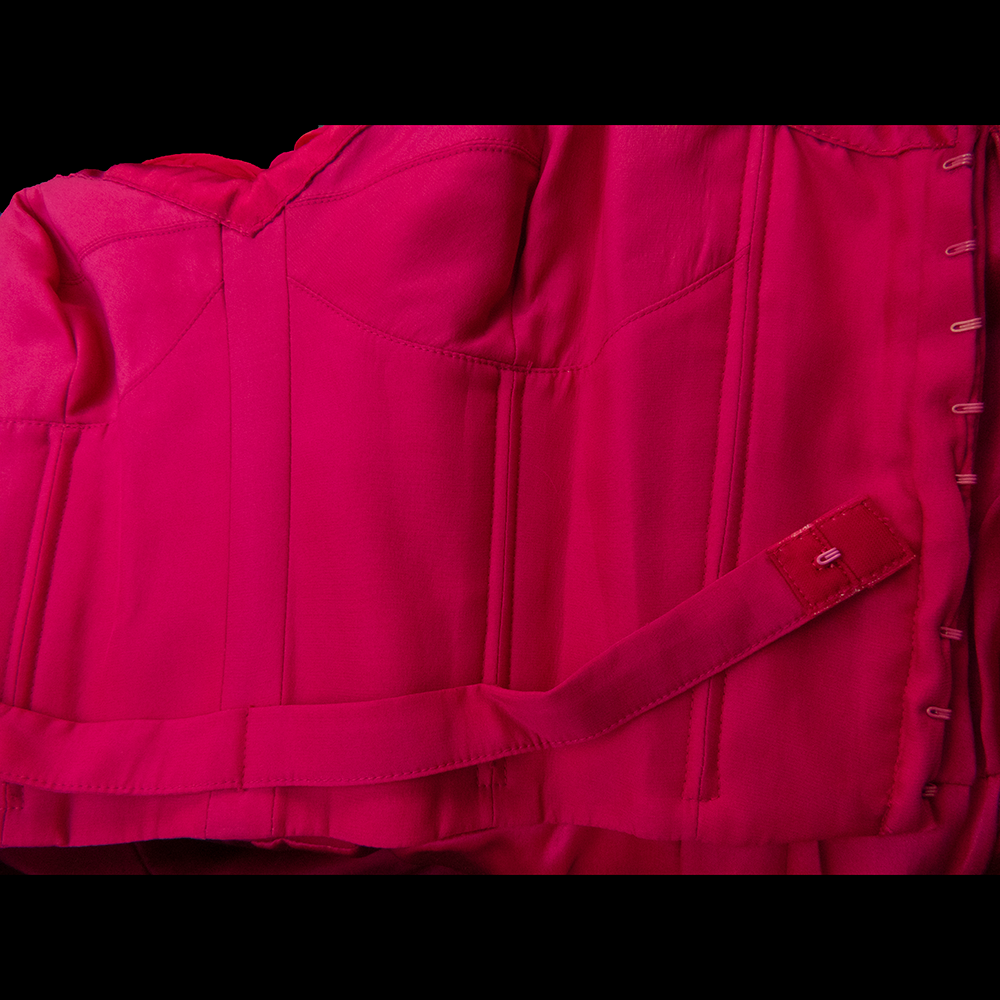 美國設計師品牌Carmen Marc Valvo桃紅色純蠶絲抓褶露肩無袖洋裝 禮服-細節圖8