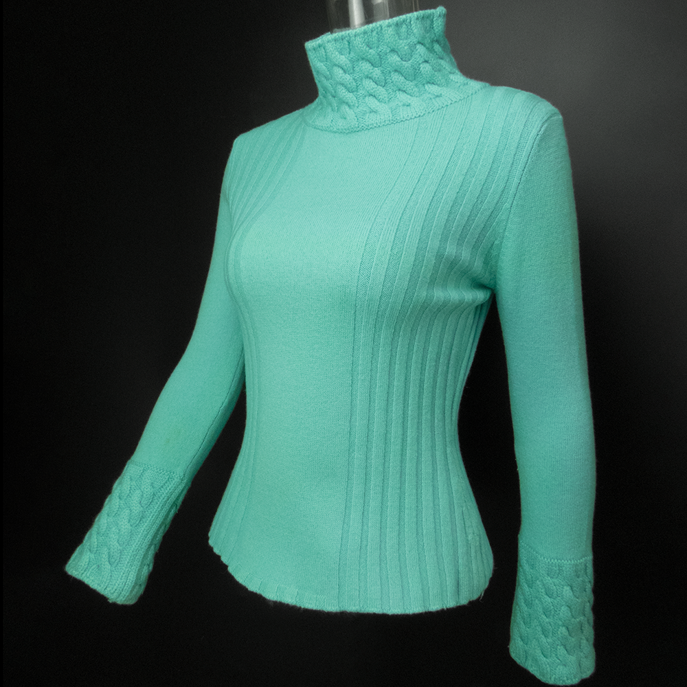 義大利品牌Maria Di Ripabianca美麗諾羊毛湖藍色麻花長袖高領毛衣 厚 義大利製-細節圖2