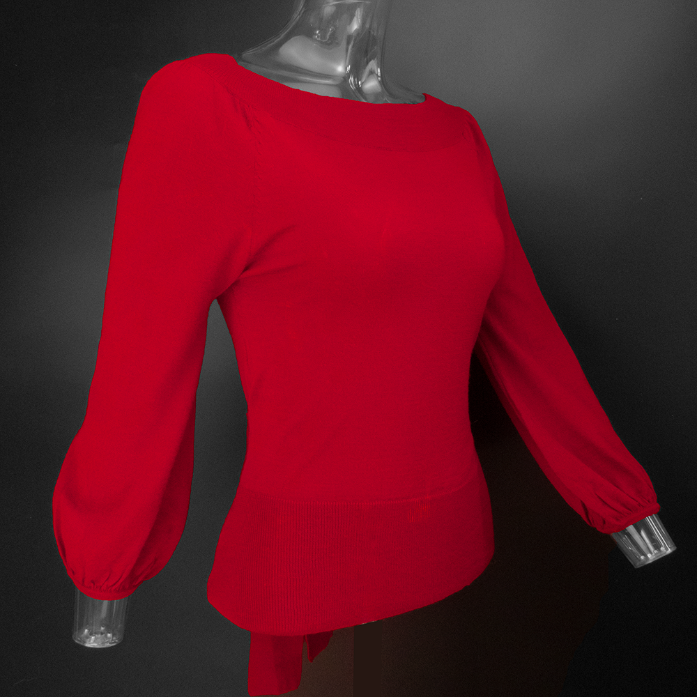 日本品牌rosebullet玫瑰紅色純羊毛繫帶蝴蝶結7分袖針織衫 可一字領 2號-細節圖2