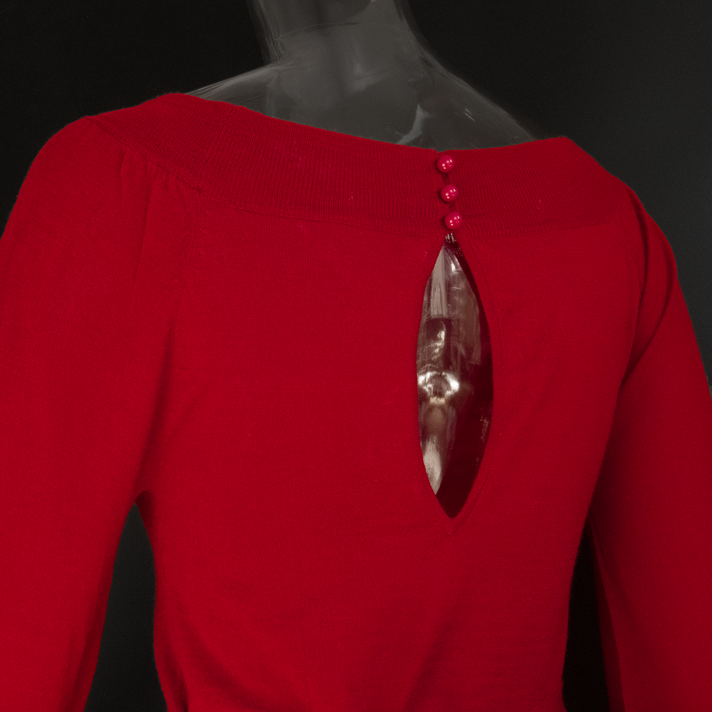 日本品牌rosebullet玫瑰紅色純羊毛繫帶蝴蝶結7分袖針織衫 可一字領 2號-細節圖3