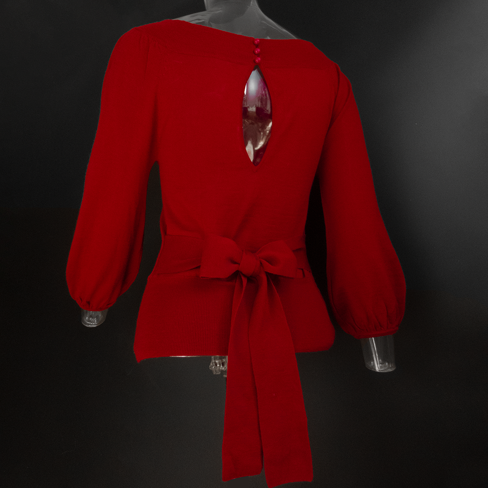 日本品牌rosebullet玫瑰紅色純羊毛繫帶蝴蝶結7分袖針織衫 可一字領 2號-細節圖4