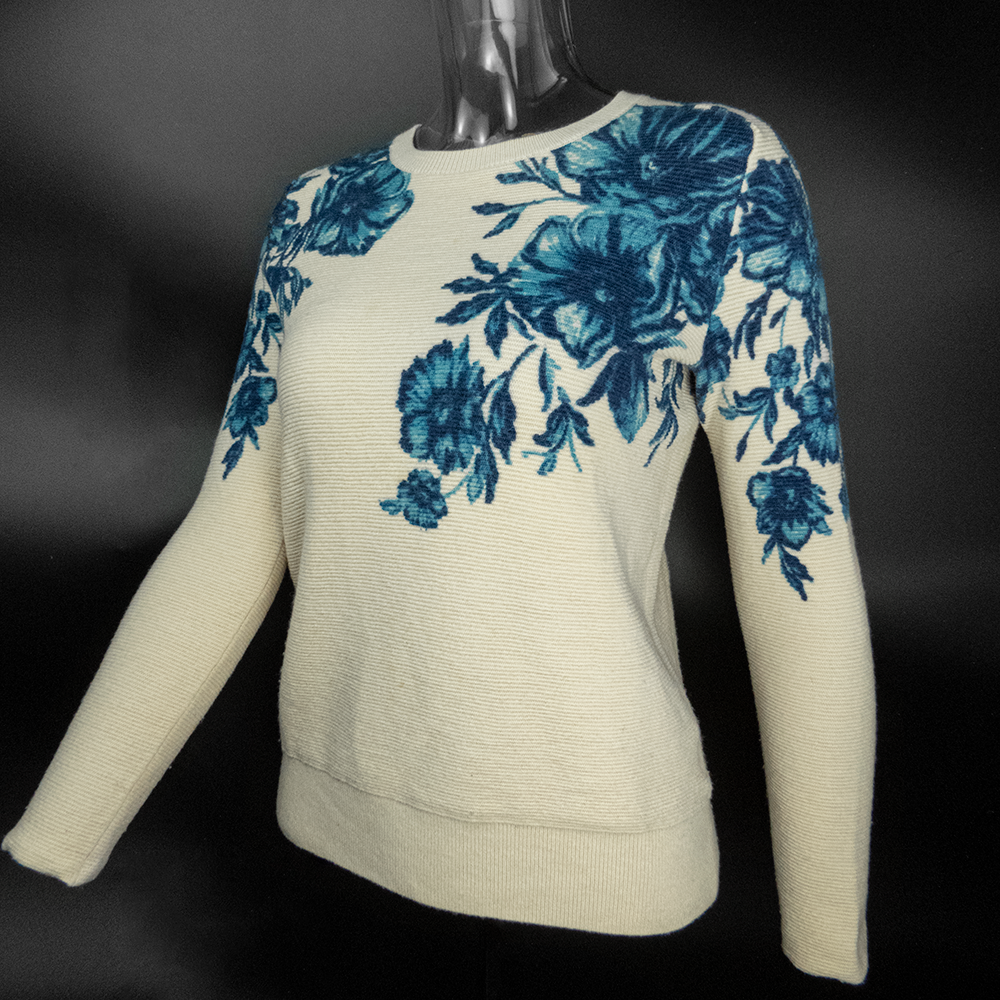 米色純美麗諾羊毛不對稱花卉長袖毛衣-細節圖2