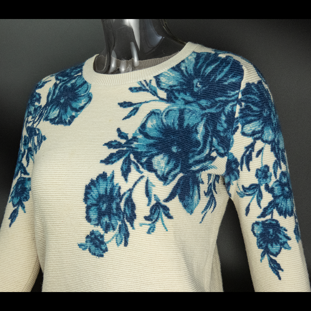 米色純美麗諾羊毛不對稱花卉長袖毛衣-細節圖3