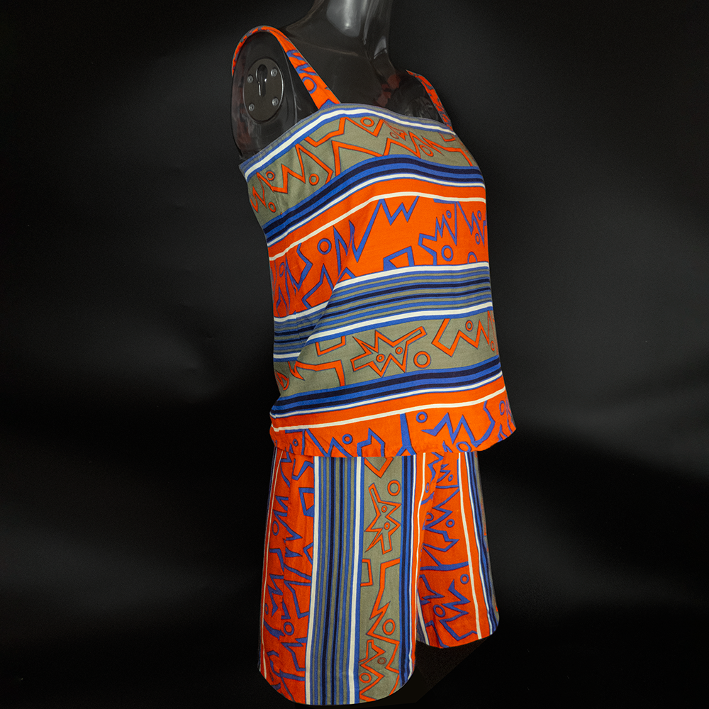 義大利橘色愛馬仕風格幾何印花蠶絲無袖上衣背心 高腰短褲 一套 套裝 義大利製-細節圖2