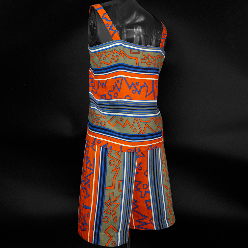 義大利橘色愛馬仕風格幾何印花蠶絲無袖上衣背心 高腰短褲 一套 套裝 義大利製-細節圖4