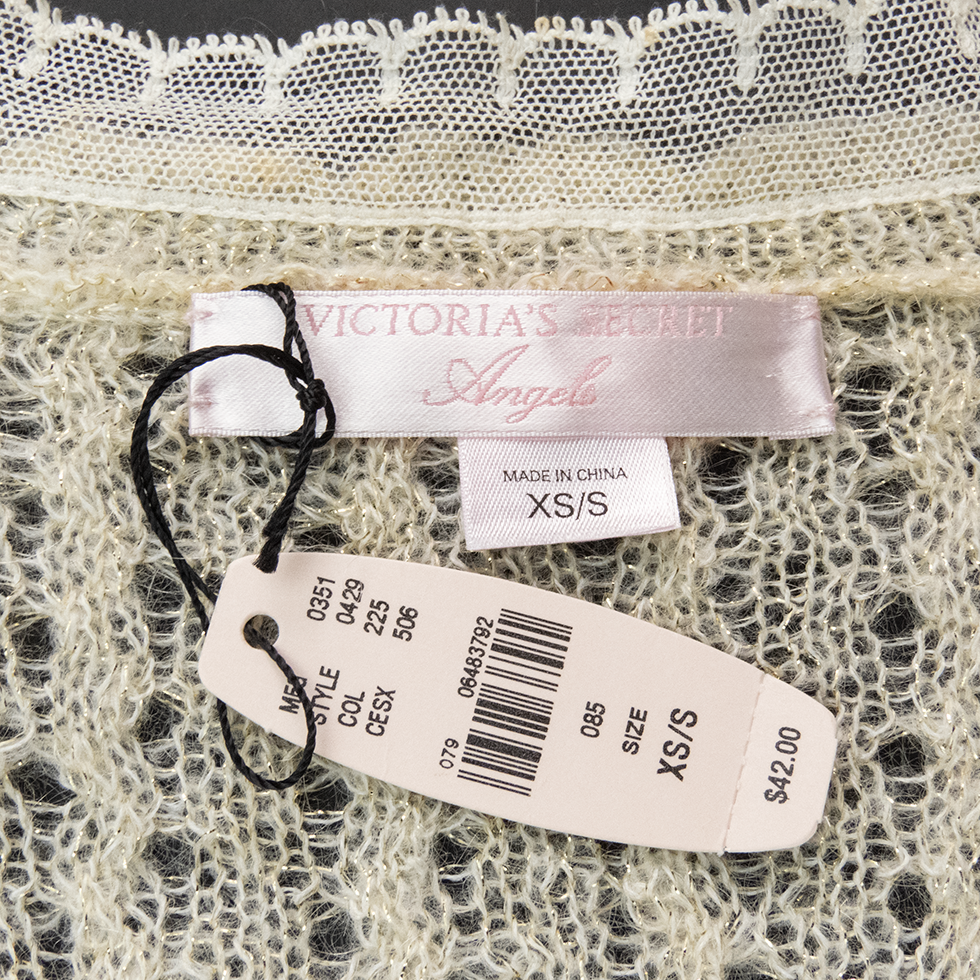 維多利亞的秘密Victoria＇s Secret米色繫帶蝴蝶結蕾絲拼接金蔥短袖針織外套 S號-細節圖6