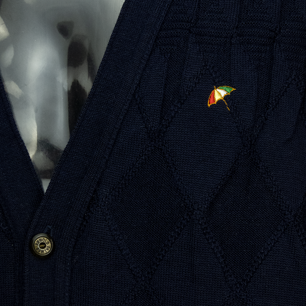 美國Arnold Palmer雨傘牌藏青色純羊毛漁網格勾花針織背心外套 XL號-細節圖3