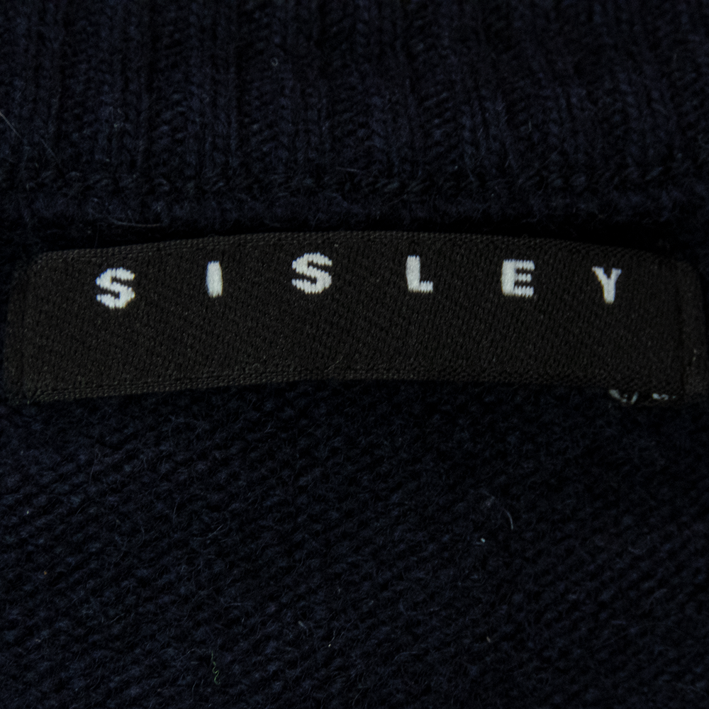 法國品牌SISLEY藏青色純羊毛素面圓領長袖毛衣 XL號-細節圖6