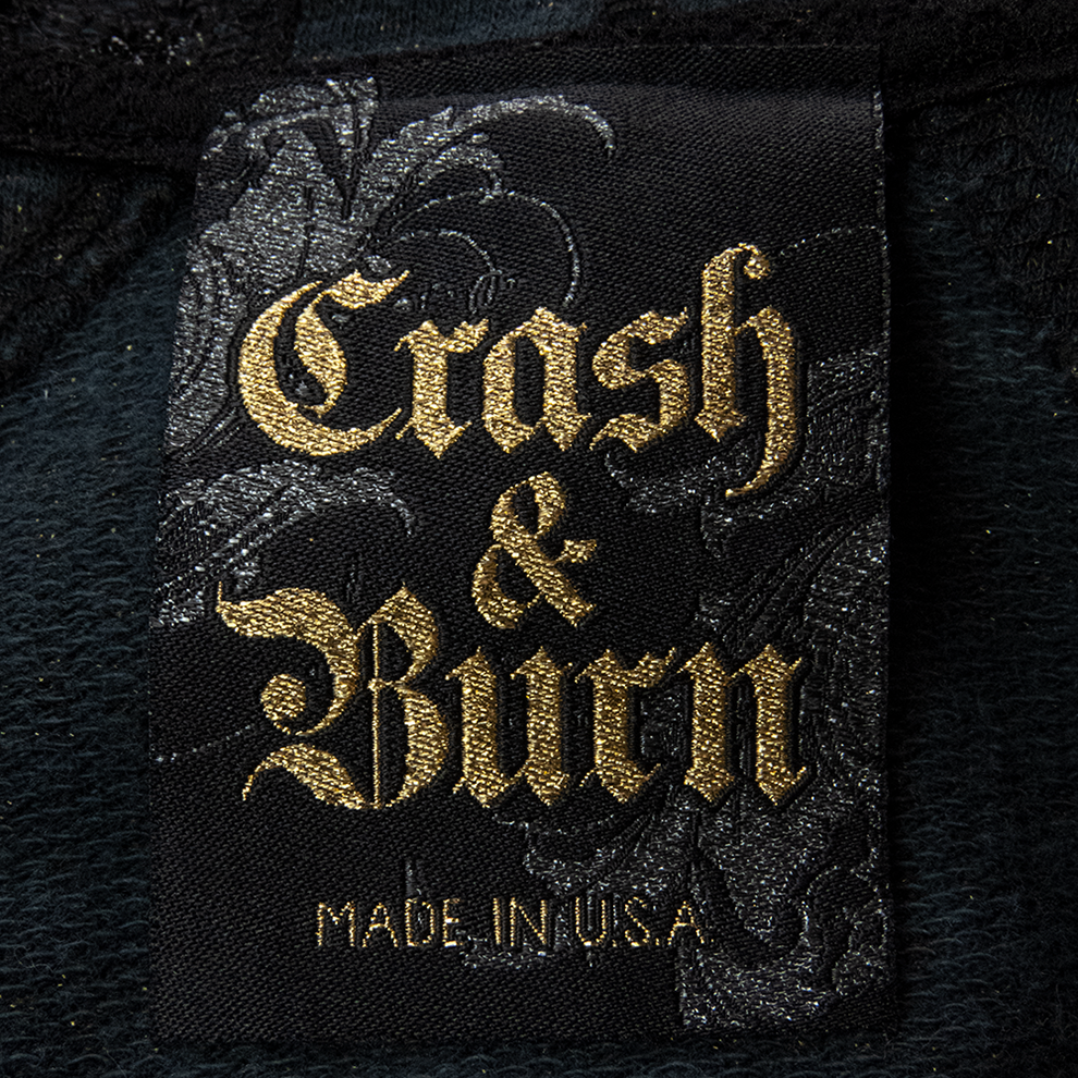 美國品牌Crash & Burn藏青色蕾絲拼接燙鑽字母抽鬚連帽長袖外套 美國製-細節圖9