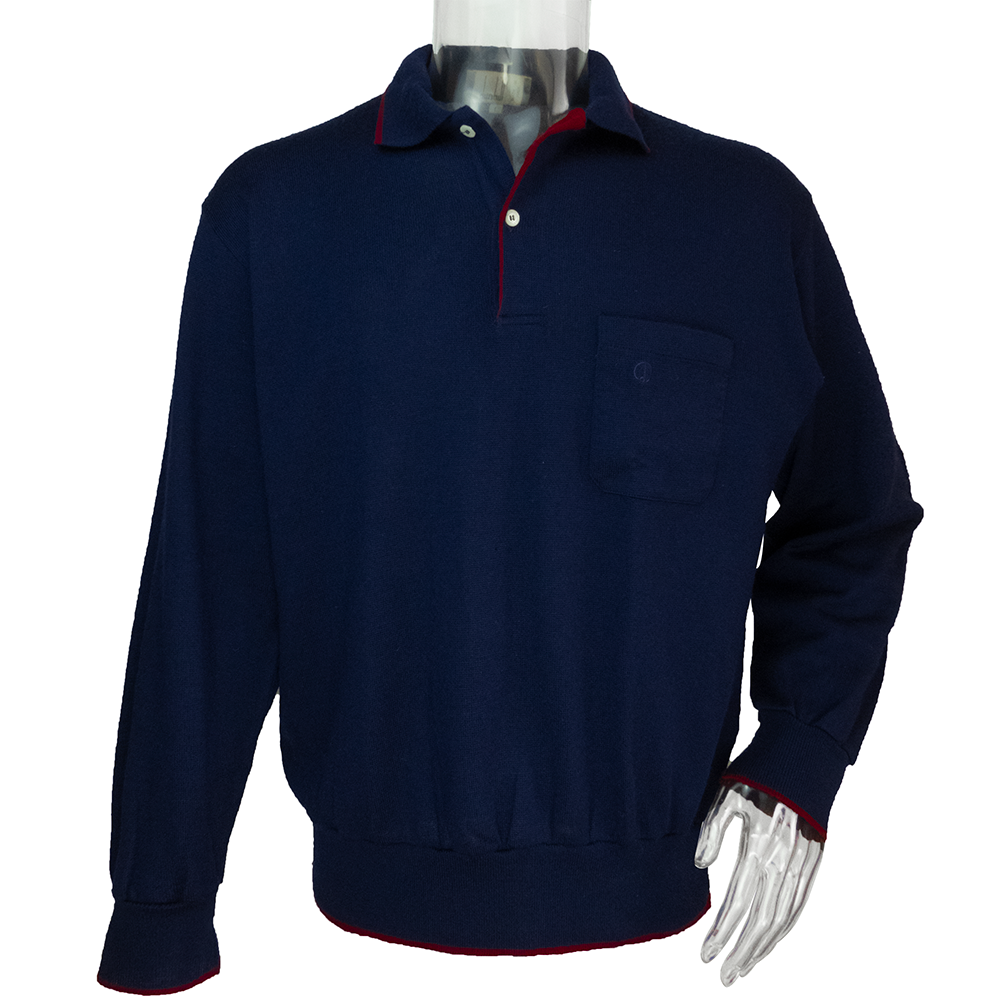 英國著名男性時尚品牌dunhill 深藍色純羊毛素面POLO領長袖毛衣 L號 義大利製-細節圖2