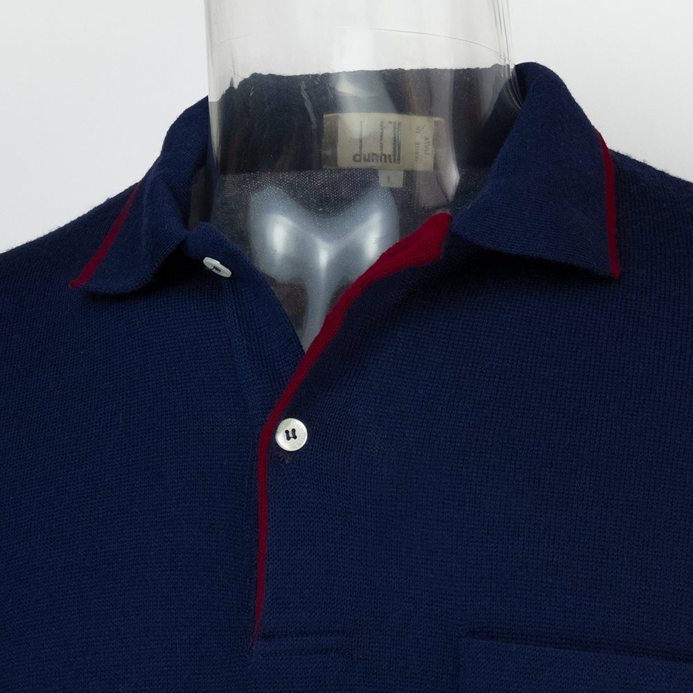英國著名男性時尚品牌dunhill 深藍色純羊毛素面POLO領長袖毛衣 L號 義大利製-細節圖3