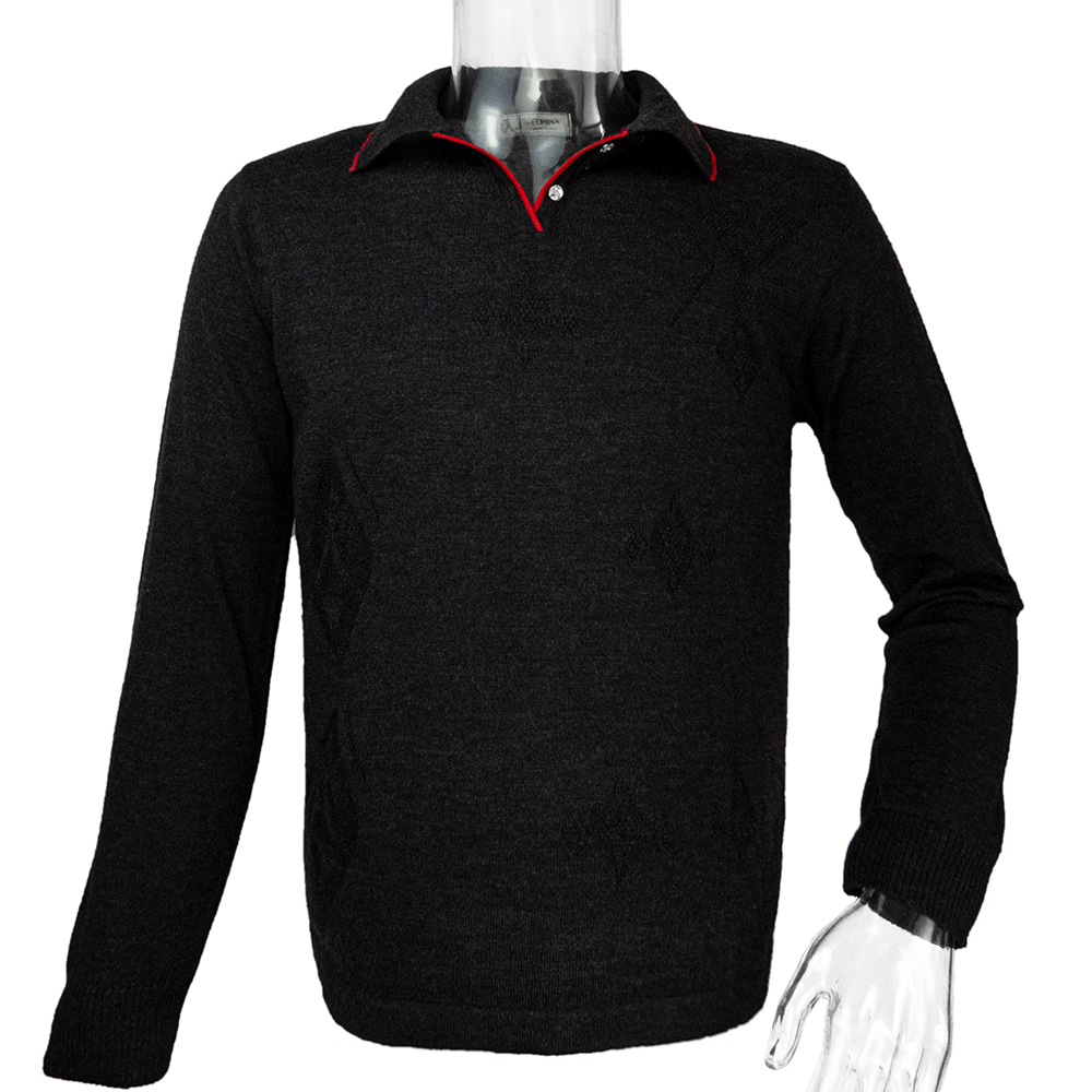 義大利品牌EDWINA古銀色美麗諾純羊毛素面POLO領長袖毛衣 義大利製 有墊肩-細節圖2