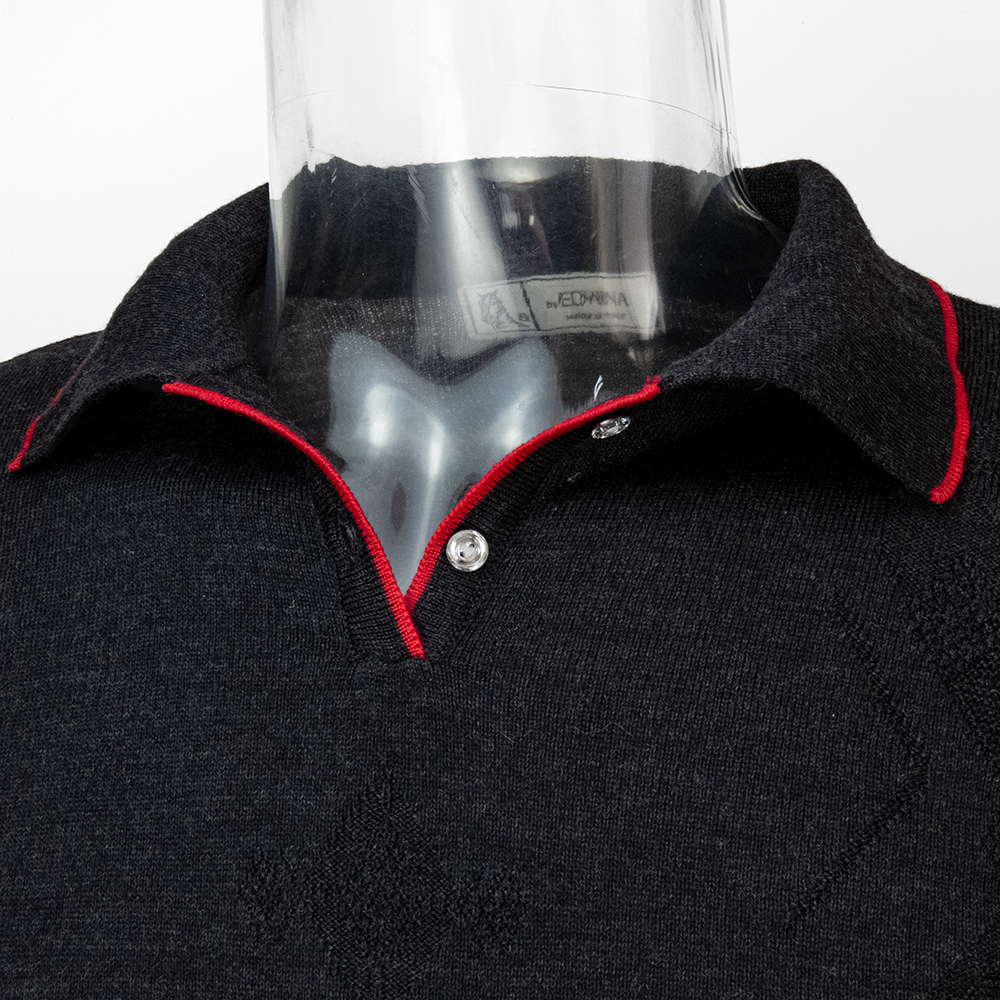 義大利品牌EDWINA古銀色美麗諾純羊毛素面POLO領長袖毛衣 義大利製 有墊肩-細節圖3