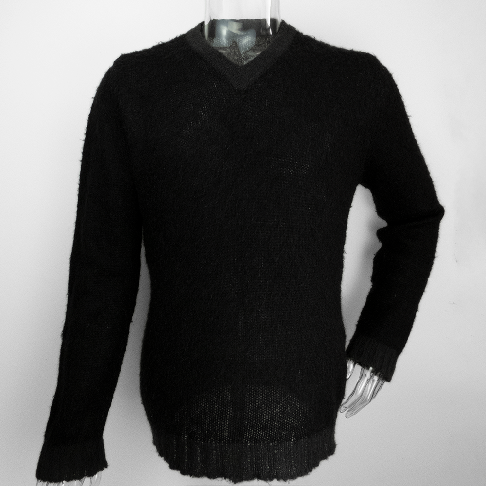 法國品牌SISLEY黑色羊毛拼接V領長袖毛衣-細節圖2