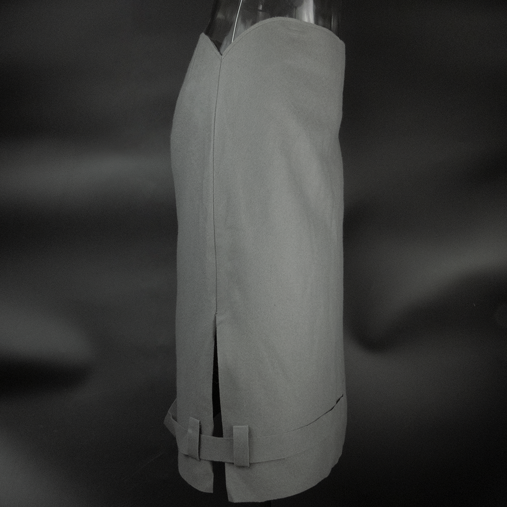 義大利品牌CoSTUME NATIONAL灰色羊毛花苞扣帶開岔及膝裙 38號 義大利製-細節圖2