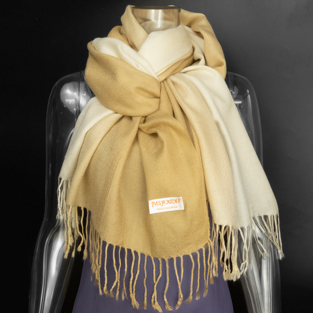 100%超細羊毛PASHMINA綿羊絨羊毛金黃色漸層流蘇圍巾-細節圖2