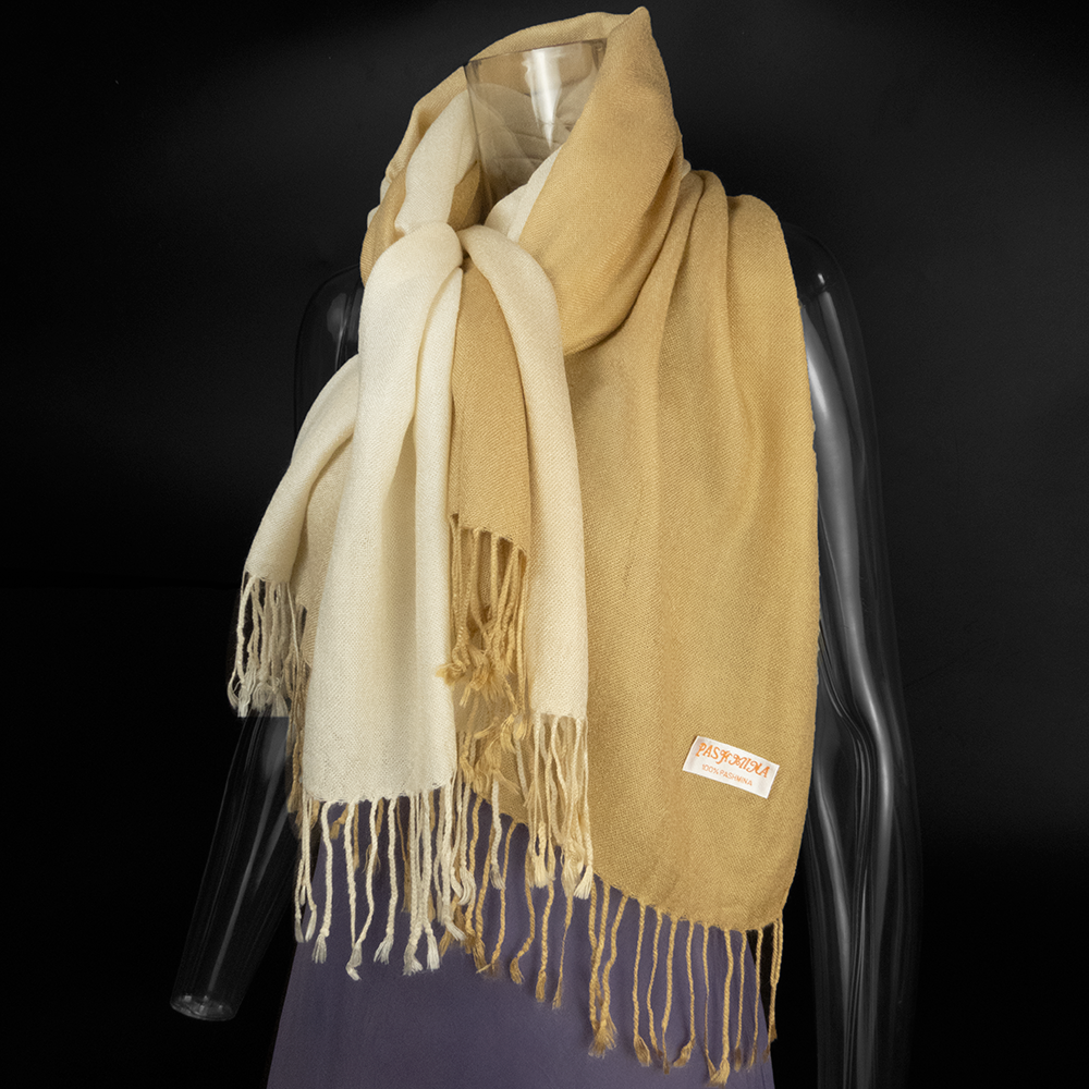 100%超細羊毛PASHMINA綿羊絨羊毛金黃色漸層流蘇圍巾-細節圖4
