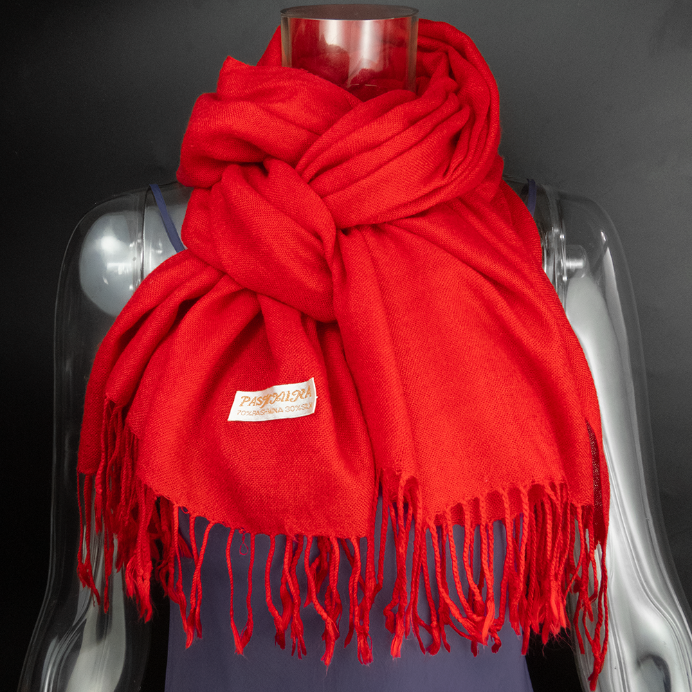 70%超細羊毛PASHMINA綿羊絨羊毛紅色流蘇圍巾-細節圖2