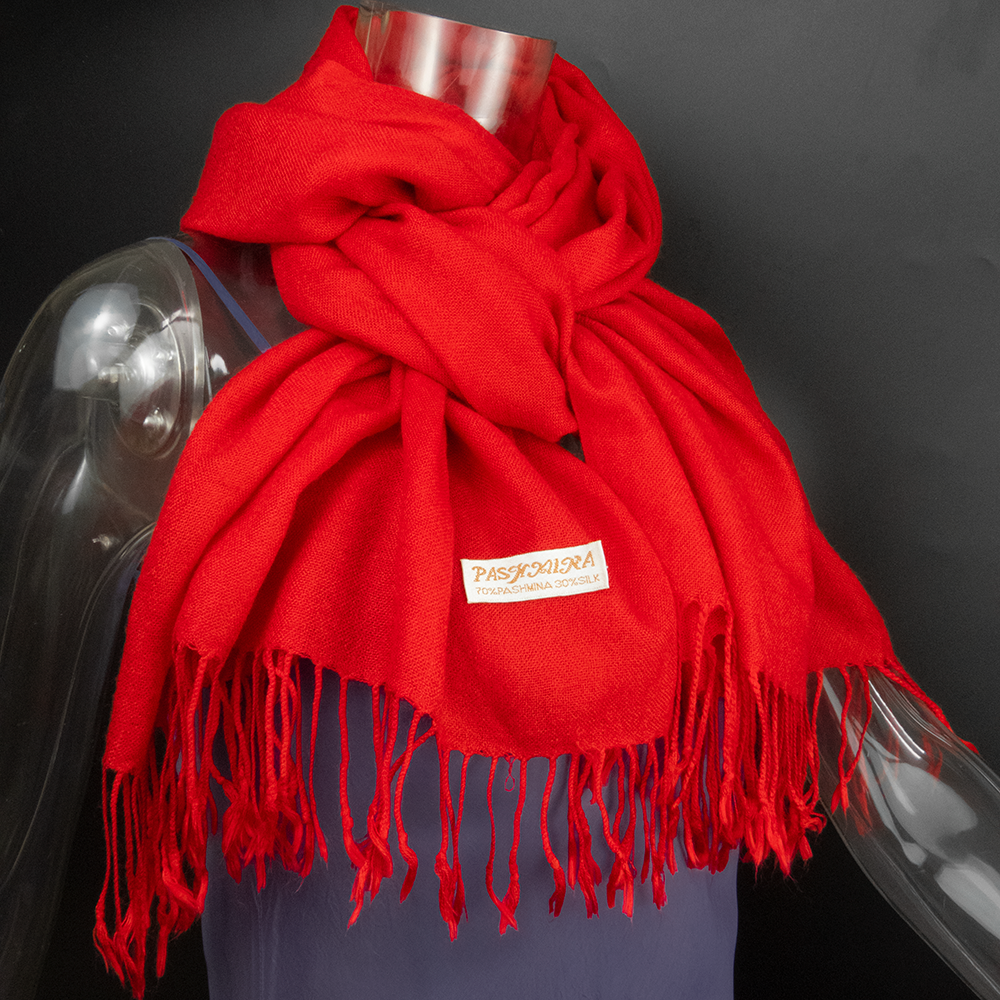 70%超細羊毛PASHMINA綿羊絨羊毛紅色流蘇圍巾-細節圖3