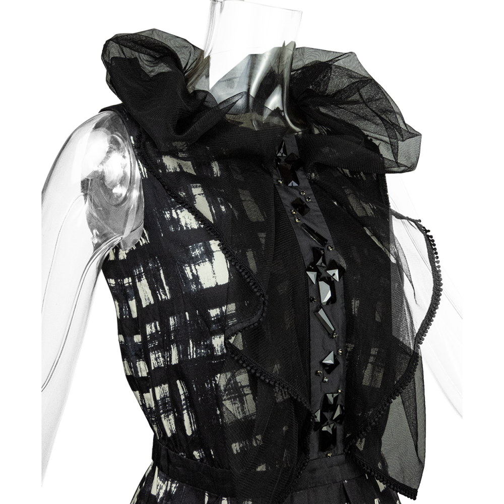 台灣時裝設計師品牌CHARINYEH 葉珈伶純蠶絲網紗抓褶寶石無袖洋裝 M號-細節圖3