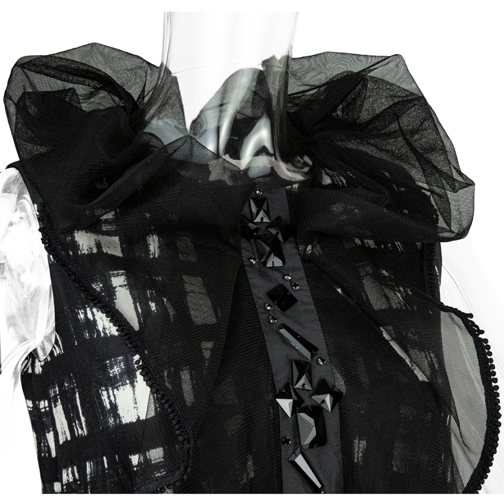 台灣時裝設計師品牌CHARINYEH 葉珈伶純蠶絲網紗抓褶寶石無袖洋裝 M號-細節圖4